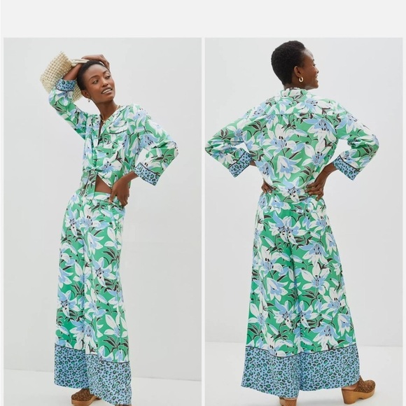 Anthropologie Pants - Anthropologie Maeve Matching Set Shirt Pants Floral Animal Print Green Blue